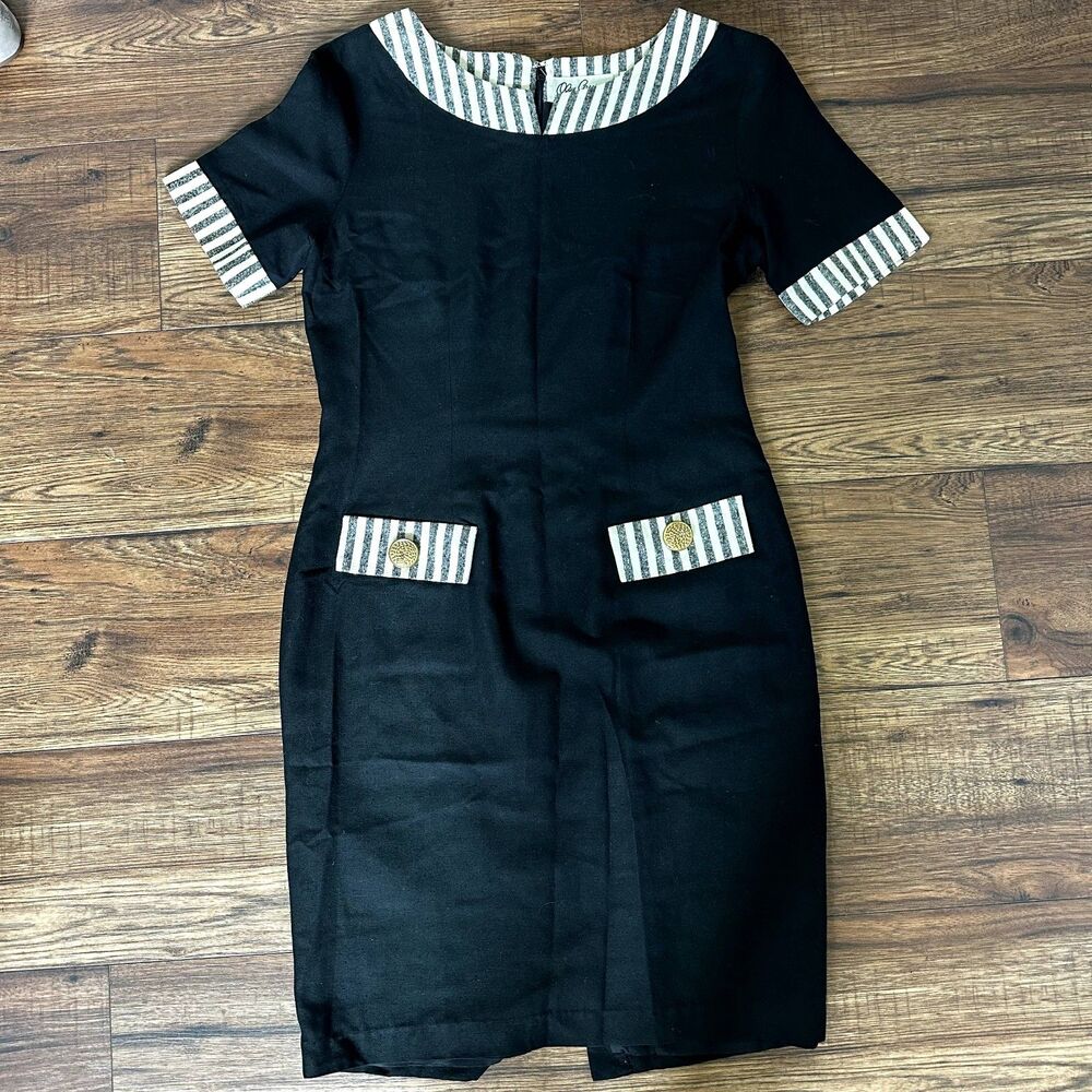 Vintage Oleg Cassini Silk Black Sheath Dress Classic 80s Stripe Sleeve Size 8